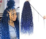 6 Packs New Goddess Locs Crochet Hair 18inch Ombre Blue River Curls Crochet Hair Boho Faux Locs Wavy Crochet Curly Hair Faix Locs Crochet with Curly Ends Synthetic Hair Extensions(18" 6Packs T1B/blue#)