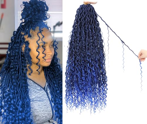 6 Packs New Goddess Locs Crochet Hair 18inch Ombre Blue River Curls Crochet Hair Boho Faux Locs Wavy Crochet Curly Hair Faix Locs Crochet with Curly Ends Synthetic Hair Extensions(18" 6Packs T1B/blue#)