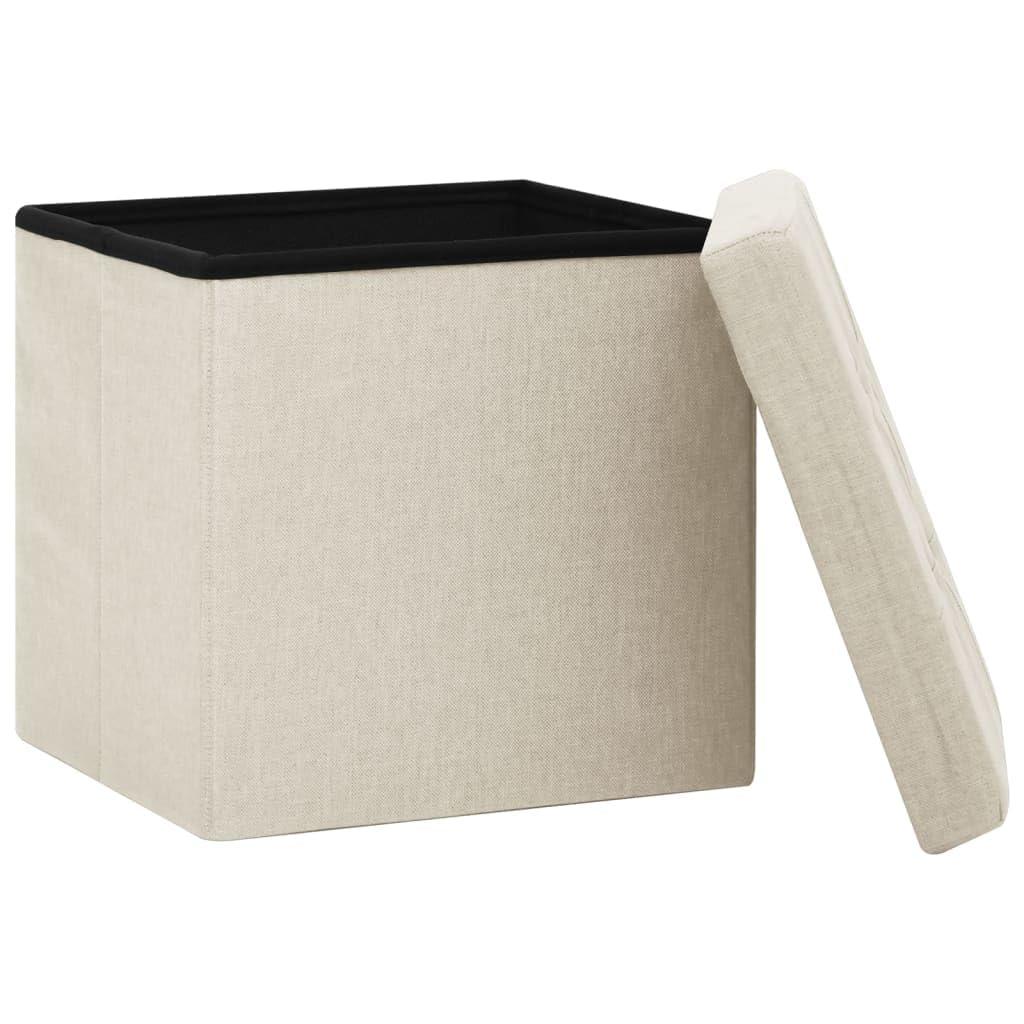 Juego de 2 taburetes plegables con espacio de almacenamiento, taburetes con tapa en color blanco crema, caja de almacenamiento plegable, aspecto de lino, 38 x 38 x 38 cm