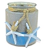 COTA Global Ocean Breeze Wooden Pillar Candle Holder - Tabletop Coastal Decor with Hanging White Starfish, Ocean-Themed Blue Candle Holder Centerpieces - Handmade, Color May Vary