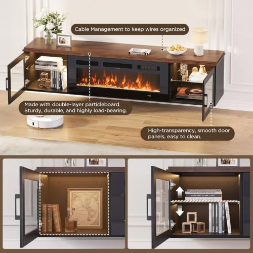 Image of 70 inch Floating TV Stand with Fireplace, High Gloss Finish Wall Mounted Fireplace Entertainment Center with Storage for TVs Up to 80 inch, Brown & Black and WI-FI Enabled