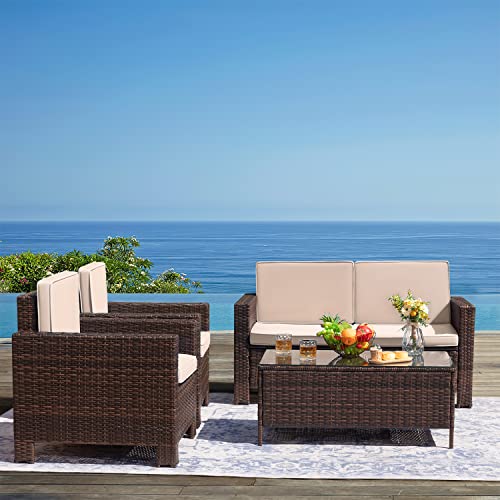 Image of Greesum 4 Pieces Patio Furniture Sets, Wicker Rattan Sofa Chair,Beige