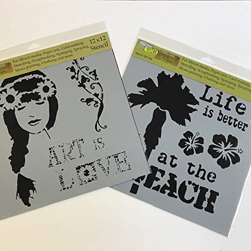 Crafter\'s Workshop Stencil 2 Pack, Reusable Stenciling Templates for Art Journaling, Mixed Media, and Scrapbooking - TCW703 Art is Love & TCW708 at The Beach, 12 inch x 12 inch