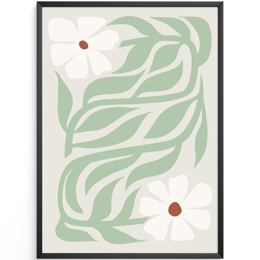 MJ-GRAPHICS® Blumen Poster Kunstdruck dekorativ Wandbild floral minimalistisch Weiß Grün Wohnzimmer Deko einladend erfrischend für stilvolles Ambiente A2 mit beigem Rahmen