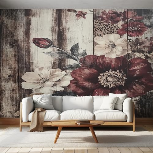 Papier peint mural marron floral rétro en bois intissé pour salon et chambre 300x210 cm