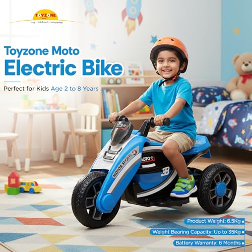 Image of Toyzone Moto Electric Bike (Blue) | 6V Rechargeable Bike with 4.5Ah Battery | LED Lights, Built in Music | Smooth Acceleration | 6M Battery Warranty | Age 2-8 Years, Upto 35 kg