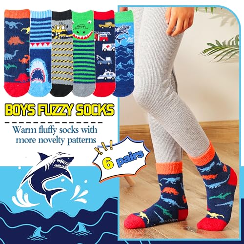 Kids Boys Toddlers Fuzzy Slipper Socks with Grips Non Slip Warm Fluffy Winter Thick Fun Cozy Hospital Socks 6 Pairs2