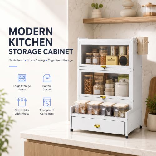 Image of Kitchen Storage Cabinet | Kitchen Cabinet with 2 Layer Kitchen Organiser, Drawer, 4 Storage Boxes & Side Holders | Dustproof Space Saving Carbon Steel Shelf | White 41 CM, Pack of 1