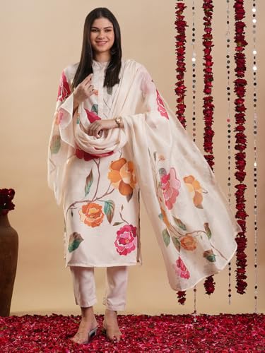 Image of GoSriKi Women's Rayon Blend Straight Printed Kurta with Pant & Dupatta
