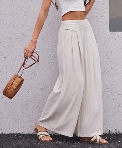 Fakanhui Women's Linen Crop Pants Plicated Capris Culottes Wide Leg Palazzo Pants Summer Casual Cotton Linen Pants4