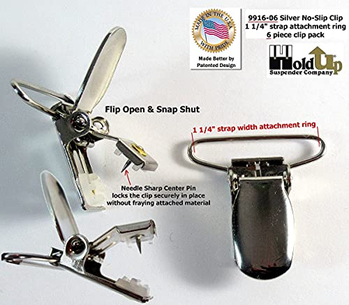 Image of Holdup 1.25 inch Silver No-Slip replacement suspender patented clips 6 pack