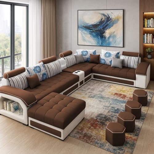 Image of Casaliving Yamir Modern U-Shaped Sectional Sofa Set with Storage, 9 Seater, Sofa Couch with 4 Puffy for Hall Guest Room (Brown & Grey) Premium Fabric Sofa Set