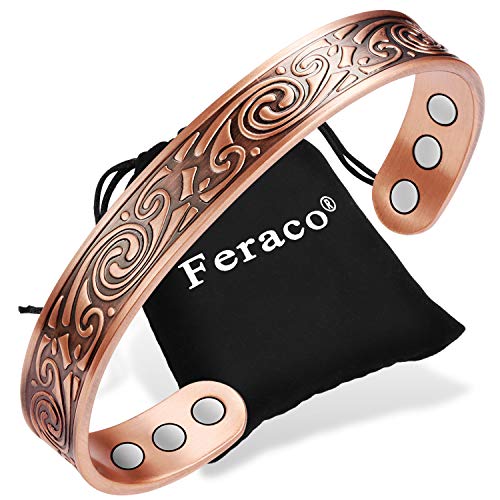 Feraco Copper Bracelet for Women Mens Magnetic Therapy Bracelet Pain Relief for Arthritis Vintage Viking Pattern 99.99% Solid Copper Jewelry with 6 Pcs 3500 Gauss Powerful Magnets, Anti-Allergies