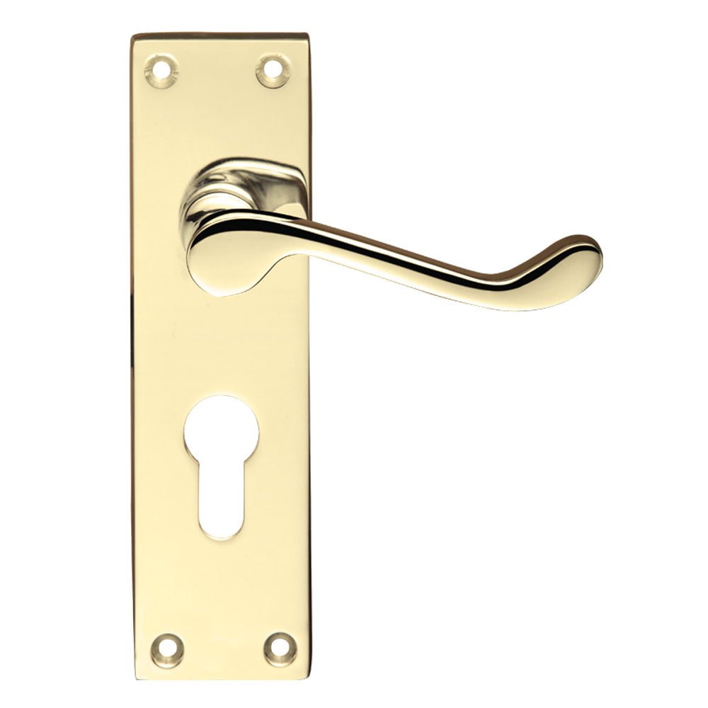 Project Brass Victorian Scroll Door Handles - Euro Profile Lockset - Electroplated