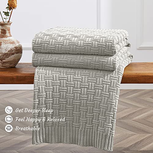 Image of TREELY 100% Cotton Knitted Throw Blanket 50 x 60 Inches, Light Grey