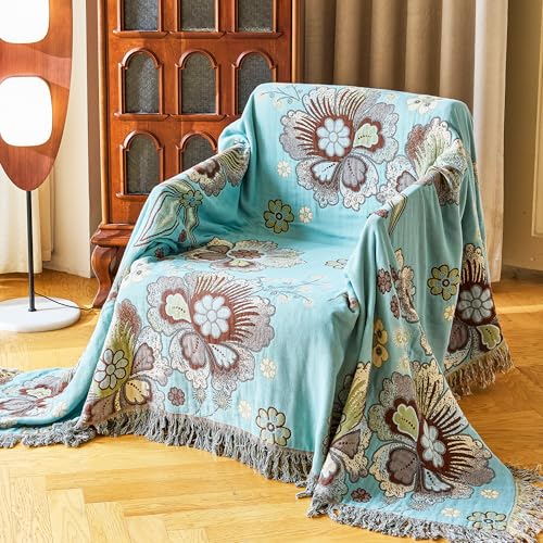 Image of VANJOROY Boho Throw Blanket 80 inch x 90 inch, 100% Organic Cotton Breathable Skin-Friendly Ultra Soft Bed Quilt Blue Throw - Floral Rustic Decor Luxury Reversible Blanket for Sofa Couch Chair and Gift,