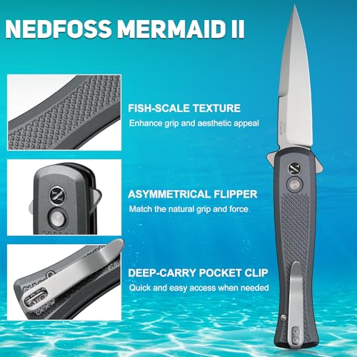 Image of NedFoss MERMAID II Pocket Knife, 3.18 inch 14C28N Steel Small EDC Button Lock Knife with Aluminum Handle and Deep Pocket Clip, Perfect Folding Knife for Men Women (Gray)