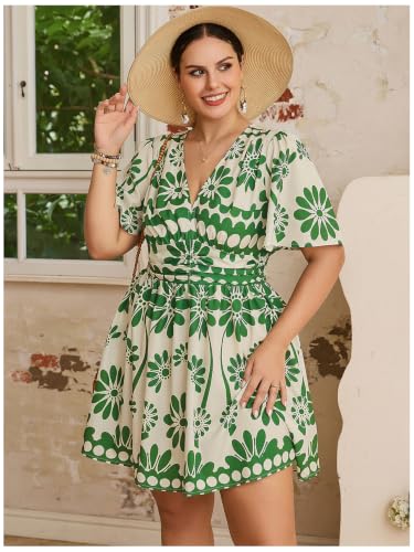 Image of Floerns Women's Plus Size Printed V Neck Short Sleeve Ruffle Hem Summer Short Dresses