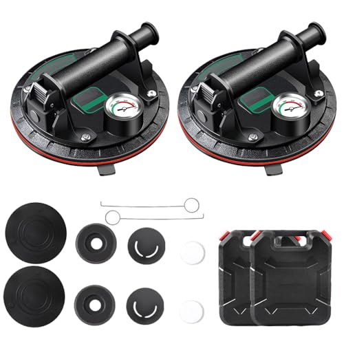 Preshwous 8'' Suction Cups for Glass, 2 Pack Heavy Duty Vacuum Suction Cup with Pressure Gauge & Storage Case, 880 LBS 2 Pack Suction Cups to Lift Large Glass, Granite,Tile, Windshield