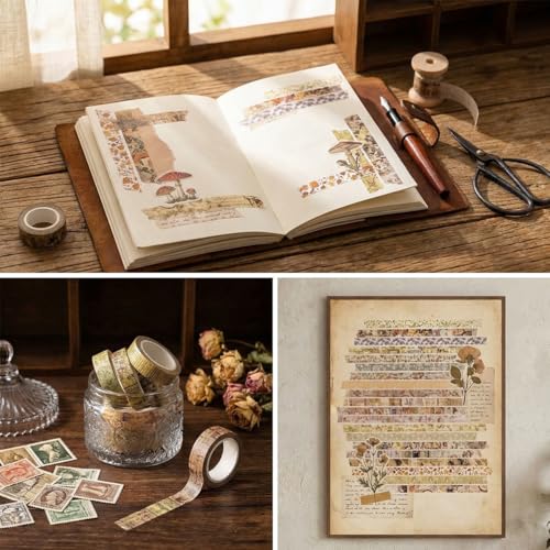 Image of HASTHIP 20pcs Vintage Botanical Washi Tape Set, Retro Floral Scrapbook Masking Tape for Journaling, Planners, DIY Crafts, Decorative Ephemera Paper Tape Rolls, 7mmx20m Per Roll