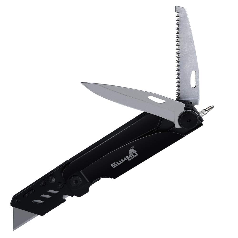 SummitGear Folding Utility Knife/Pocket Knife/Box Cutter with LED Light + 5 SK5 Blades + Pouch Black