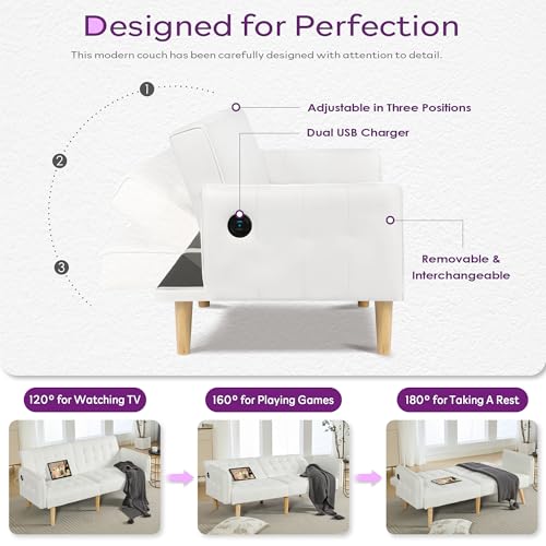 Image of TYBOATLE Modern White Faux Leather Upholstered Convertible USB Folding Futon Sofa Bed, 65 inch Couch, Love Seats Furniture for Small Space Configuration, Apartment, Dorm, Living Room, Office