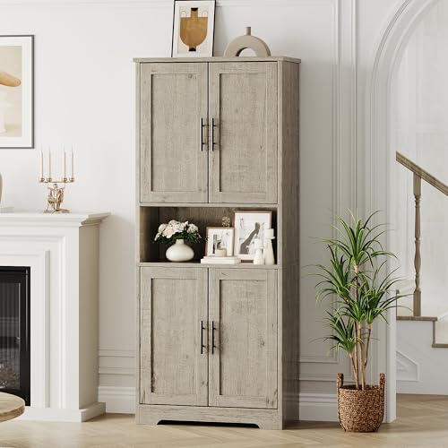 Image of 70 inch Tall Kitchen Pantry Cabinet,Modern Kitchen Hutch with Microwave Stand & Adjustable Shelves,Ideal for Dining Room, Bathroom, Laundry Room - Modern and Functional Design.Grey.