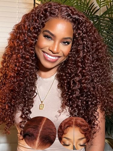 Image of KLAIYI Bye Bye Knots Glueless Wig Reddish Brown Curly Pre Cut 7x5 Lace Front Wigs Human Hair Drawstring Pre Plucked Bleached 30S Ready to Wear and Go Wig Water Wave Beginner Wigs with Baby Hair 14Inch