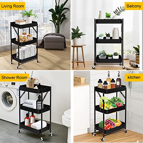 منظم بعجلات من 3 طبقات من سكاي تاتش، منظم عربة معدنية دوارة قابل للطي، عربة تنظيم متعددة الاغراض مع عجلات للمطبخ وغرفة النوم والحمام والمكتب وغرفة الغسيل والجراج، اسود