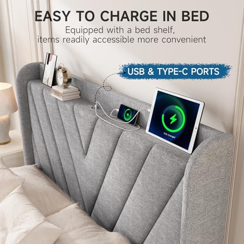 Image of koorlian Full Size Bed Frame, Full Bed with Headboard, Adjustable Upholstered Bed Frame with Type-C&USB Port, Wingback Storage Headboard, Noiseless, No Box Spring Needed, Light Gray