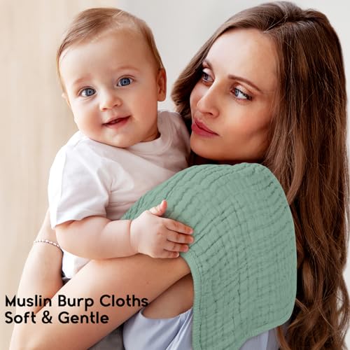 Image of Unnivoll Muslin Burp Cloths for Baby 100% Cotton Burping Cloths for Boys Girls Large 20''X10'' Extra Soft and Absorbent 12 Pack - Gradient Green