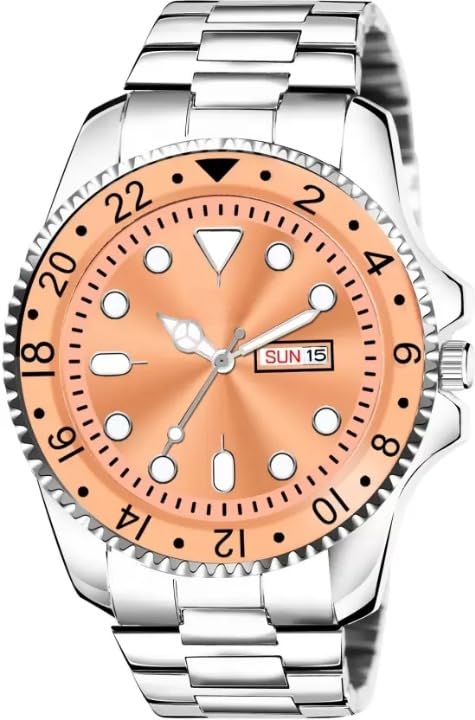 NIJAMRUT Analog Orange Dial Stainless Steel Chain Day and Date Working Functional Wrist Watch for Men Boys (Orange Dial and Silver Strap) (B0D33WQHCL) Amazon Price History, Amazon Price Tracker