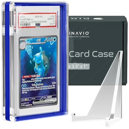 Image of PSA Graded Card Display Acrylic Case for Standard PSA and CGC Slabs - Slab Case - PSA Card Case - Graded Card Display Case - Updated Dimensions - Stand Included (Blue Border)