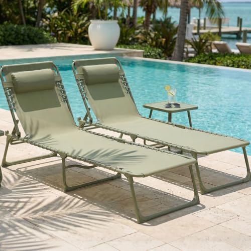 CASABEL Lot de 2 Chaises Longues Pliantes Vert Sauge, transats extérieurs inclinables et Confortables, Acier Anti‑Rouille et Toile Textilene résistante,...