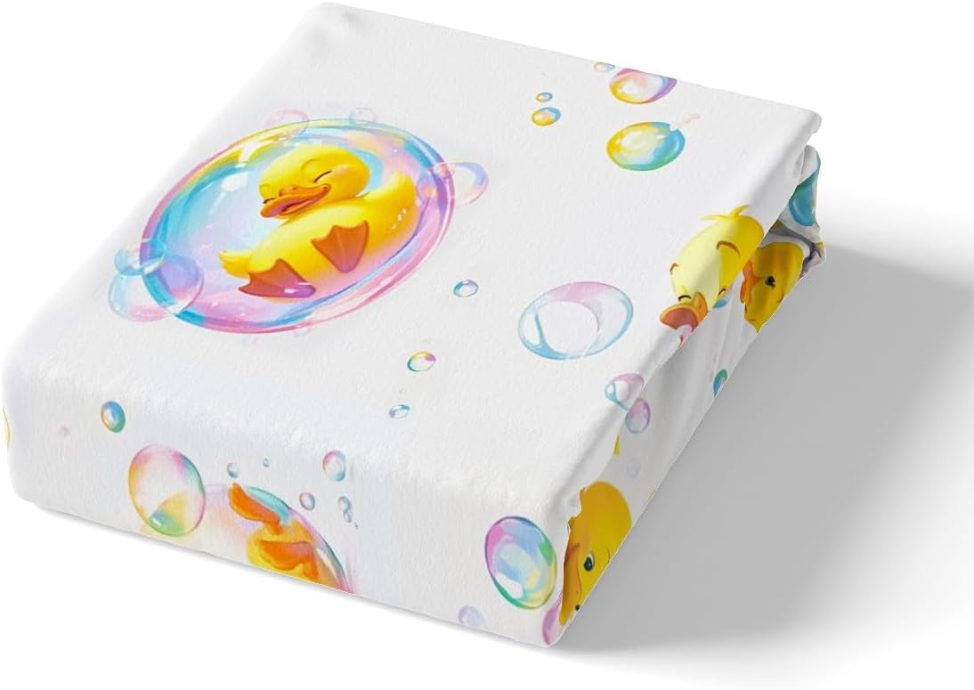 Homewish Cute Duck Bed Sheets Twin Size,Cartoon Animals Fitted Sheet 3Pcs,Watercolor Bubbles Bedding Sets for Kids Girls Boys Teens Room Decor,Kawaii Yellow White Top Flat Sheet,1 Pillowcase