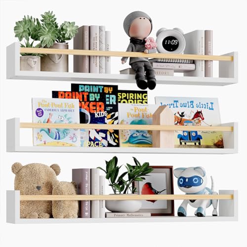 BAKAJI Set 3 Mensole da Parete in Legno, Scaffali a Muro Multiuso e Barra di Protezione Oggetti, Scaffalatura per Camera da Letto, Soggiorno, Cucina, Libreria Salvaspazio 3x60 cm (Bianco e Quercia)