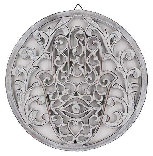 DharmaObjects Handcrafted Hamsa Hand Of Fatima Home Blessing Protection Wooden Rustic Wall Mounted Decor Hanging Art (White)