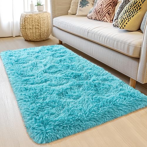 Fluffy 2x4 Rug - Small Rugs for Living Room - Height Pile 1.4" Plush Rug - Fuzzy Throw Carpet for Bedroom, Dark Blue