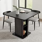 Small Black Dining Table for 2-4, 31.5 Inch Farmhouse Square Kitchen Table with 2-Tier Storage Shelf, Modern Wood Dinner Furniture with Fluted Doors, Dining Room, Living Room, Space Saving
