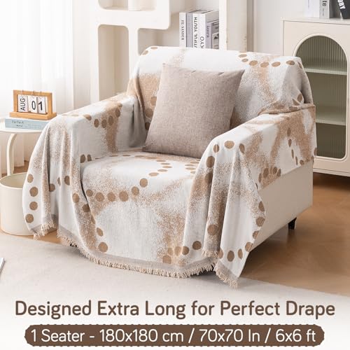 Image of HOKIPO 320 GSM Chenille Sofa Throw Blanket for 1 Seater Sofa - Printed All-Season Sofa Cover, 'Serene Abode Series' Latte Dotted Wave (180x180 cm) (AR-6631-D3)