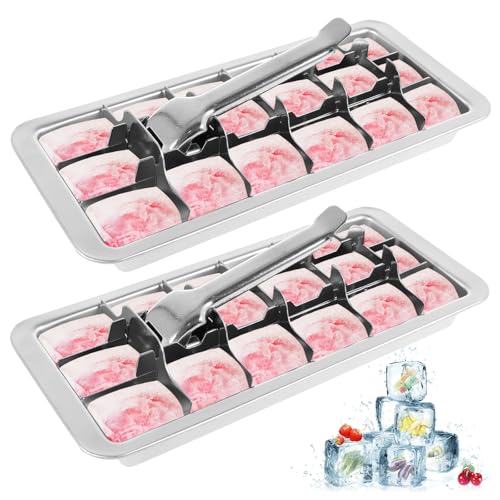 Goshoppers 2 Stück Eiswürfelform Edelstahl 18 Steckplätze Eiswürfelbehälter Groß Ice Cube Tray mit Hebeleinsatz für Einfach Entfernen Eiswürfel Eiswürfelformen für Whisky Getränke