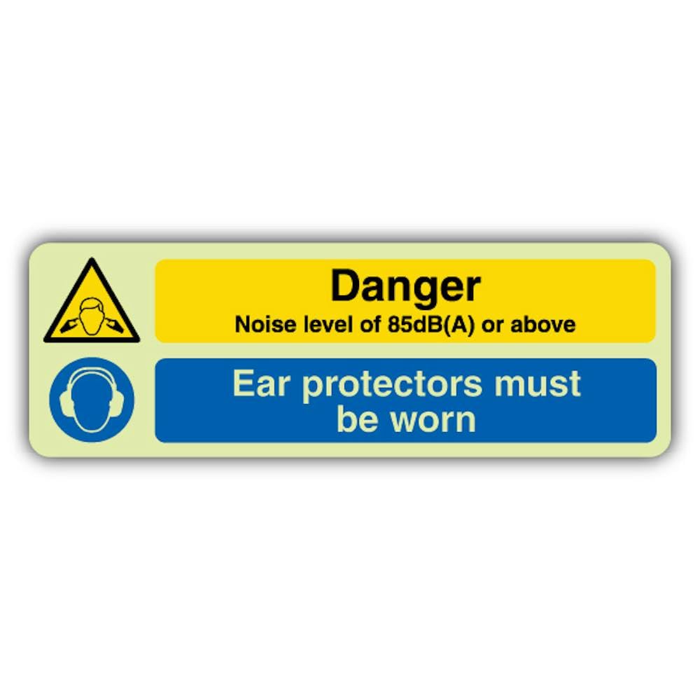 V Safety Glow In The Dark Danger Noise Level Of 85DB Or Above - Señal de protección auditiva - Formato delgado - 750 x 250 mm - Hecho de vinilo autoadhesivo de triple brillo - Señalización de