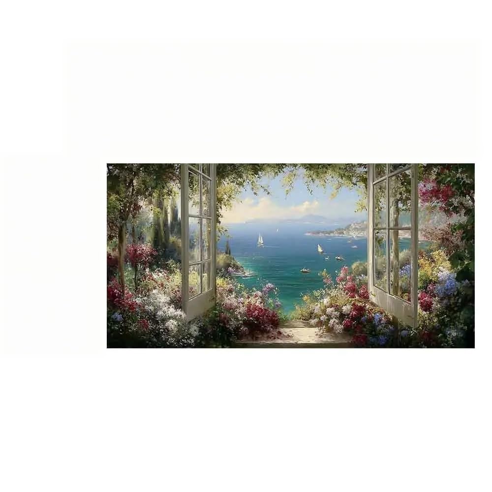 Dittelle Mediterraner Küstengarten auf Leinwand, Blick aus dem offenen Fenster, italienischer Küstenstil, Ölgemälde zur Dekoration des Hauses (60 x 120 cm/Innenrahmen)