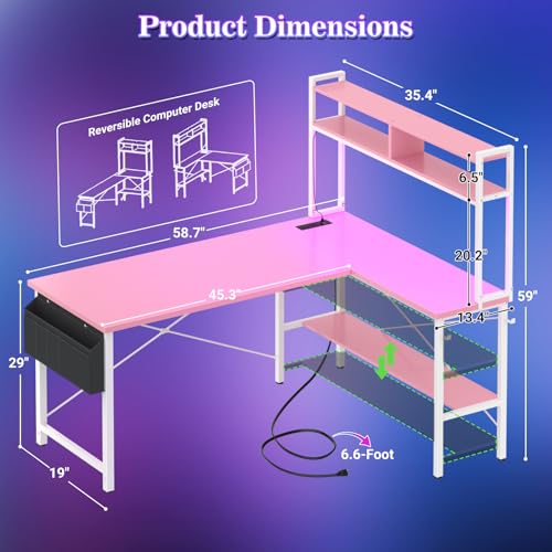 Image of Aheaplus L Shaped Desk Gaming Desk, 59 inch L Shaped Computer Desk with LED Light & Power Outlet, Reversible Home Office Desk Gamer Desks with Shelves & Storage Bag & Hooks, Corner PC Desk, Pink