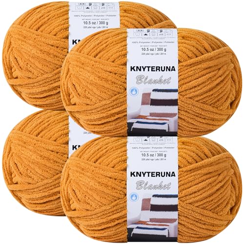 Image of #6 Super Bulky Blanket Yarn for Crocheting - 4 Skeins(Each 10.5oz /300g, 220yds /201m), Chunky Chenille Thick Plush Big Soft Yarn for Crocheting Knitting Blankets, Mustard Yellow