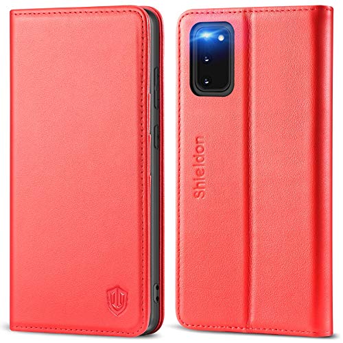 SHIELDON Galaxy S20 Case, Genuine Leather Galaxy S20 5G Wallet Flip Case Stand with RFID Blocking Card Slots Magnetic Closure, TPU Shockproof Cover Compatible with Galaxy S20 (6.2 Inch) - Red
