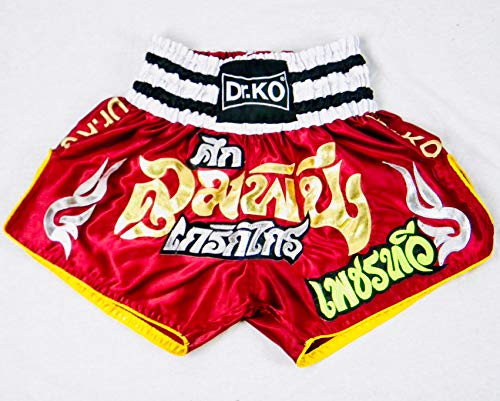 Dr. K.O. Pantalones Cortos Muay Thai y Kick Boxing para Adultos y niños (Rojo, XS)