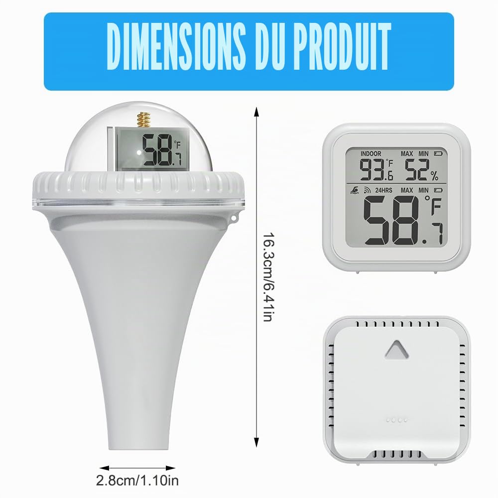 Thermomètre Piscine Connecté, TGKYK Thermomètre Piscine Flottant avec vue à 360° et 3 écrans LCD, Thermometre Piscine Sans Fil, Thermometre Piscine Digital pour Piscine, étang