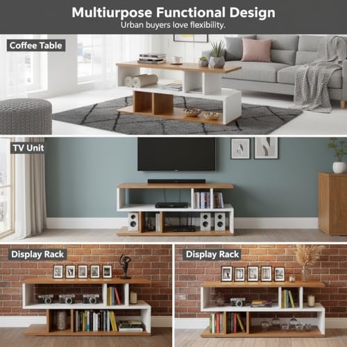 Image of FURLAY Zentro Modern Coffee Table & TV Stand for Living Room, Mid Century Wood Entertainment Center with Open Storage Shelves, Minimalist Media Console Table for Home - 90 x 40cm (FWCT2-Multi Color)