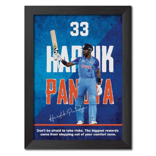 Image of TenorArts Hardik Pandya Poster with Quotes Indian Legend Cricket Player Photo Frame Painting with Matt Finish Black Textures (12 inches x 9inches)